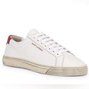 Saint Laurent ‘Andy’ Low-Top Sneakers ~ in White Leather with a Red Heel Tab